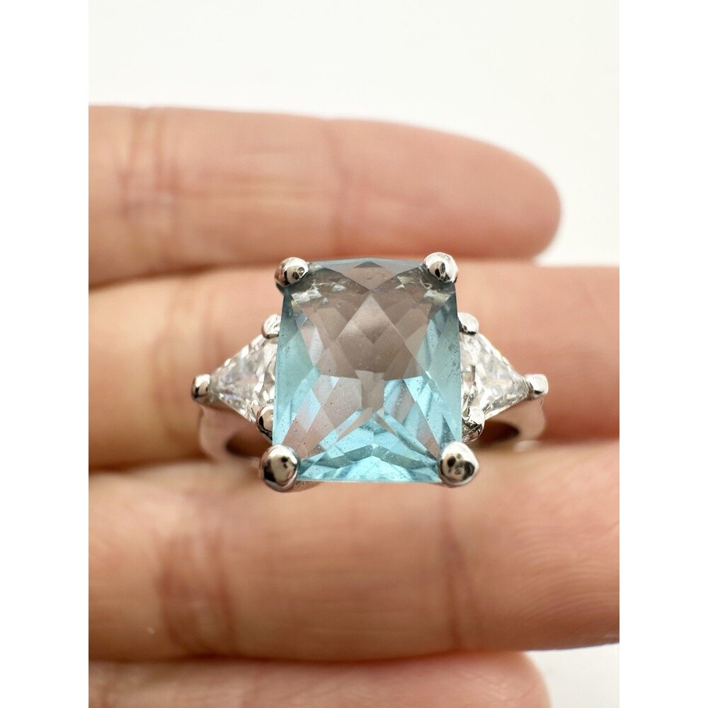 FAS 925 Sterling Silver Blue Glass Cocktail Ring Size 8
